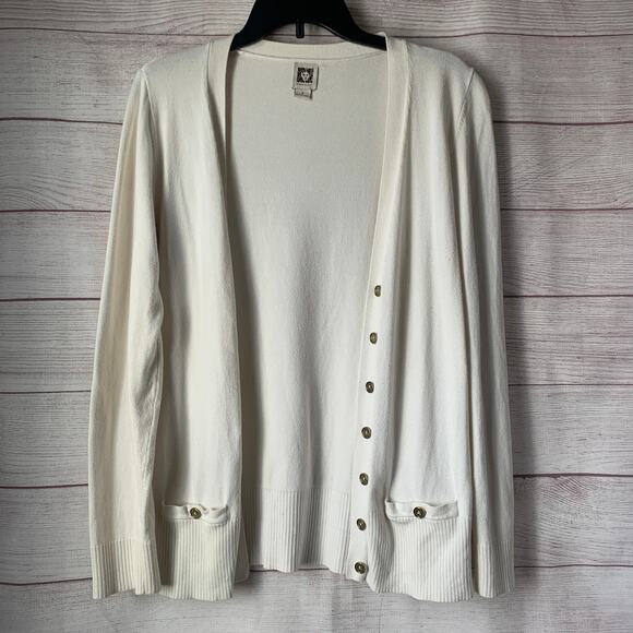 Anne Klein White Cardigan Sweater Gold Button Front Pockets Size Small - Picture 1 of 13